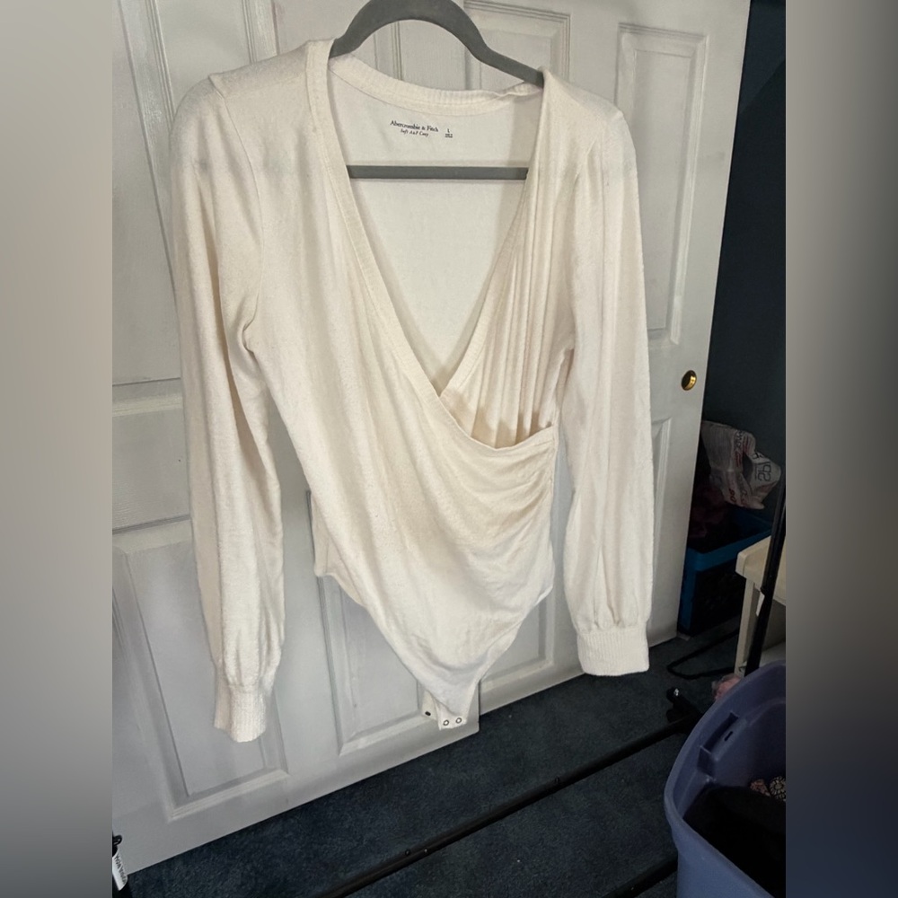 Abercrombie & Fitch Ivory Wrap-Front Long-Sleeve Bodysuit